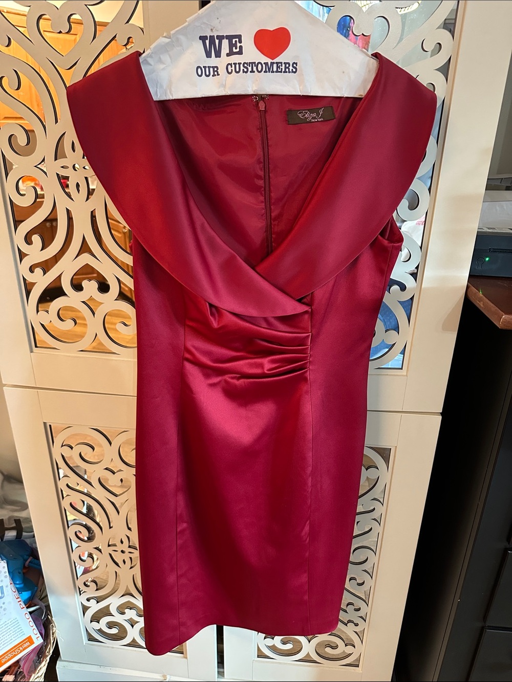 Eliza J Deep Red Satin Midi Dress with Draped Collar